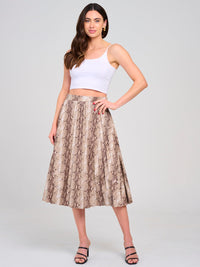 WOMEN'S ZIPPER CLOSURE PLEATED ANIMAL PRINT PU PLEATHER MIDI SKIRT