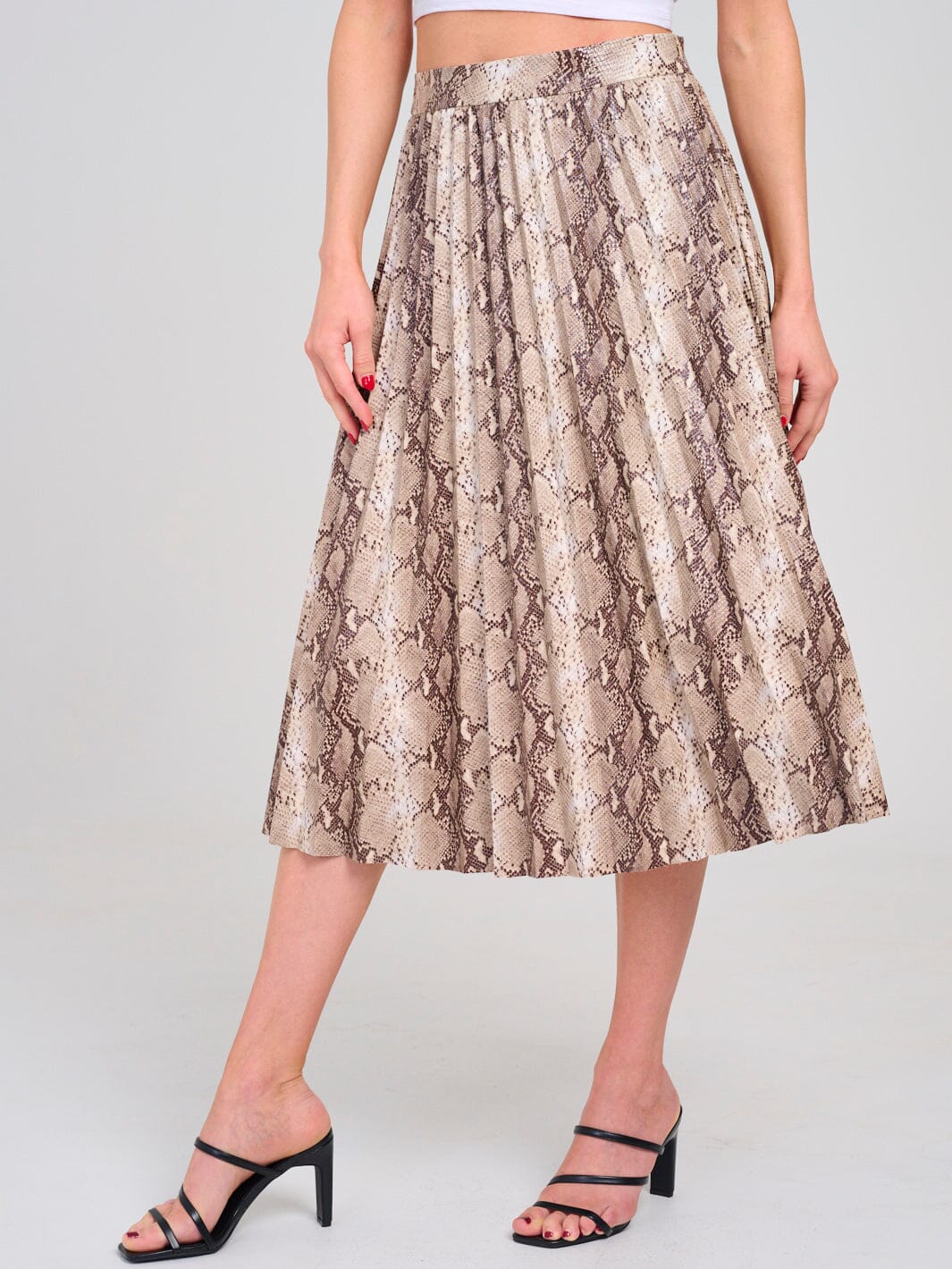 WOMEN'S ZIPPER CLOSURE PLEATED ANIMAL PRINT PU PLEATHER MIDI SKIRT