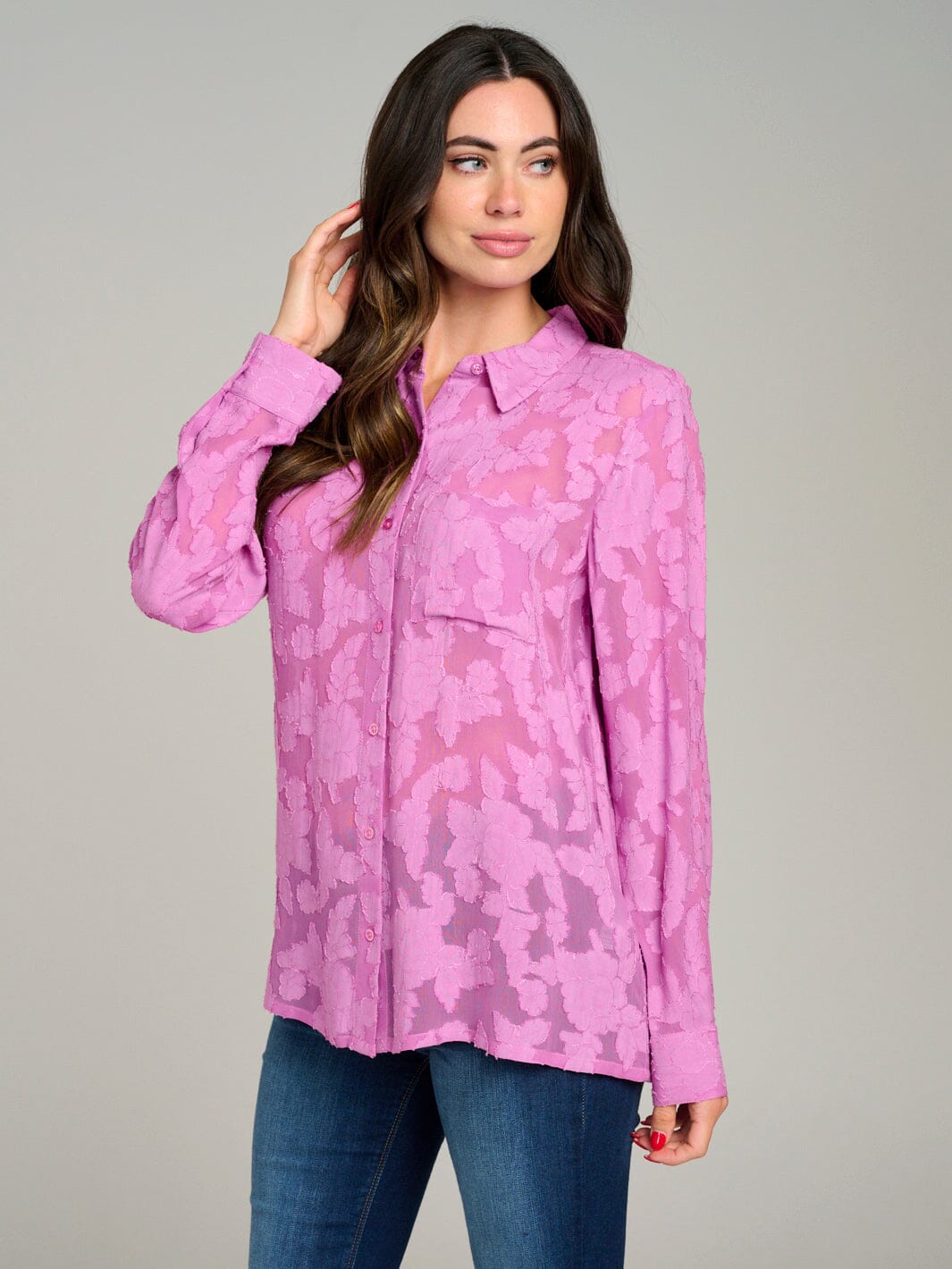 WOMEN'S LONG SLEEVE BUTTON UP DETAILED BLOUSE