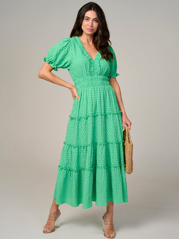 WOMEN'S SHORT SLEEVE V-NECK WAFFLE TIERED MAXI DRESS