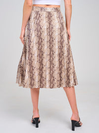 WOMEN'S ZIPPER CLOSURE PLEATED ANIMAL PRINT PU PLEATHER MIDI SKIRT