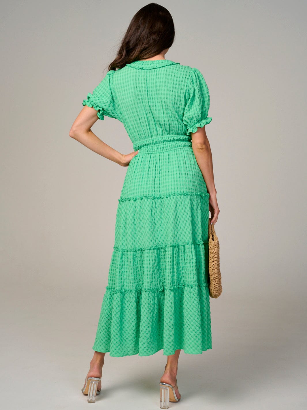 WOMEN'S SHORT SLEEVE V-NECK WAFFLE TIERED MAXI DRESS