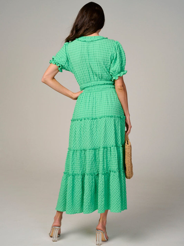 WOMEN'S SHORT SLEEVE V-NECK WAFFLE TIERED MAXI DRESS