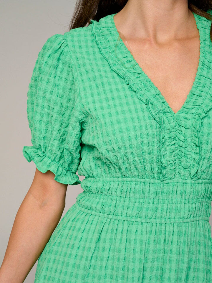 WOMEN'S SHORT SLEEVE V-NECK WAFFLE TIERED MAXI DRESS