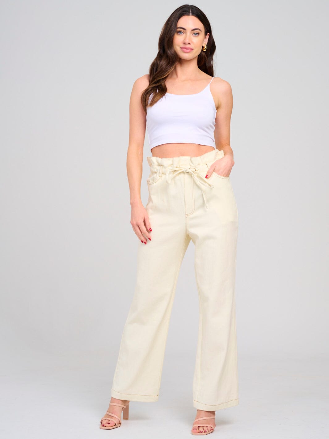 WOMEN'S BUTTON CLOSURE POCKETS WIDE LEG DENIM PANTS