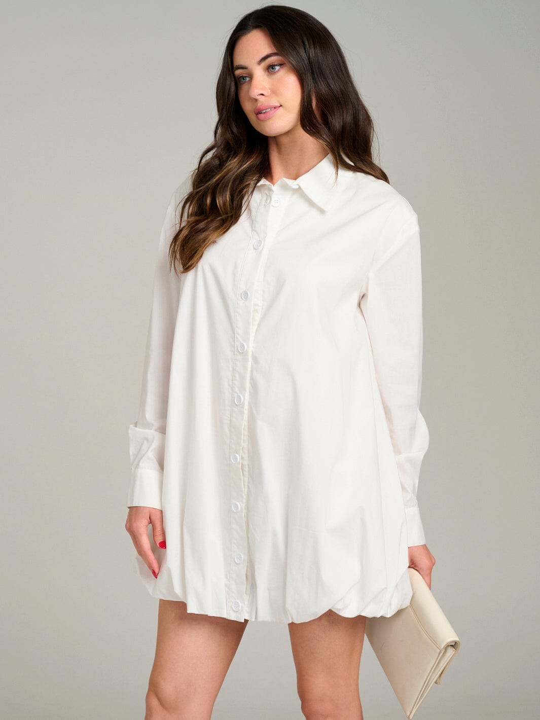 WOMEN'S LONG SLEEVE BUTTON UP ELASTIC BOTTOM HEM MINI DRESS