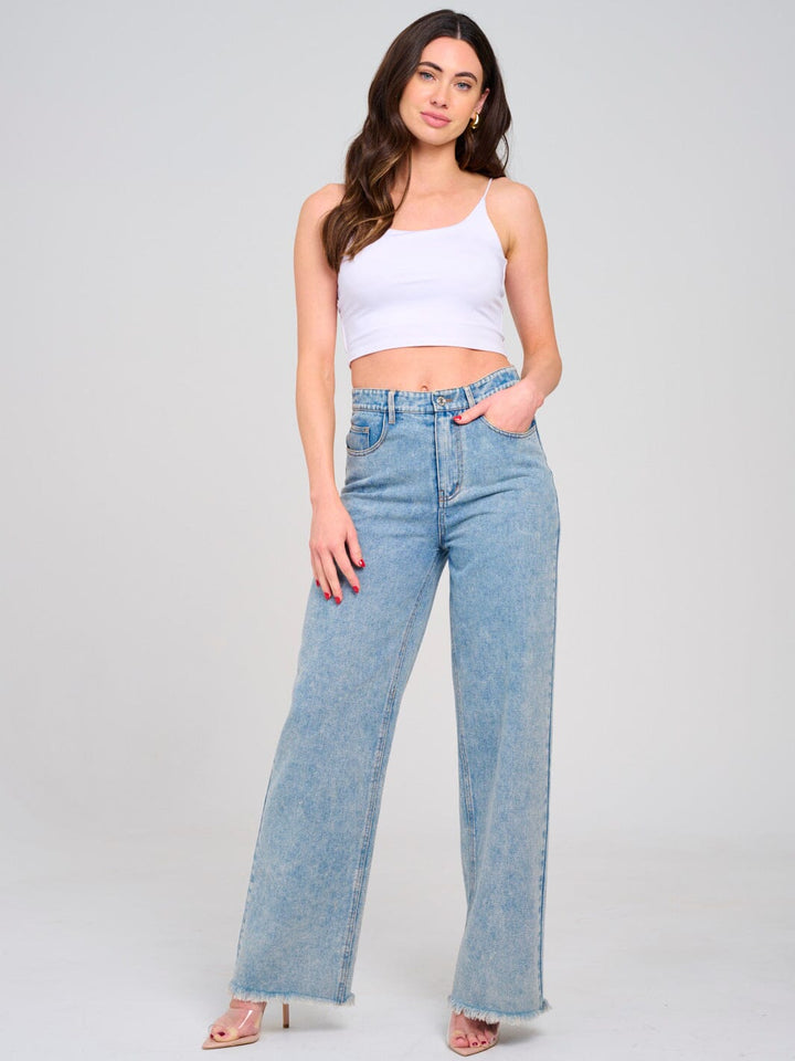 WOMEN'S BUTTON CLOSURE POCKETS WIDE RAW EDGE LEG DENIM PANTS