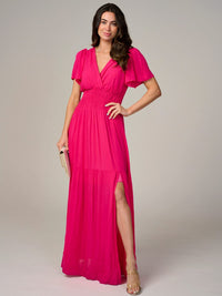 WOMEN'S SHORT SLEEVE SURPLICE SMOCK WAIST TIERED MAXI DRESS