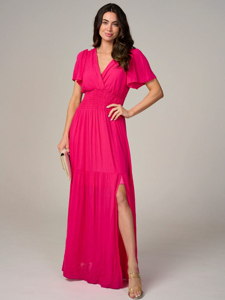 WOMEN'S SHORT SLEEVE SURPLICE SMOCK WAIST TIERED MAXI DRESS