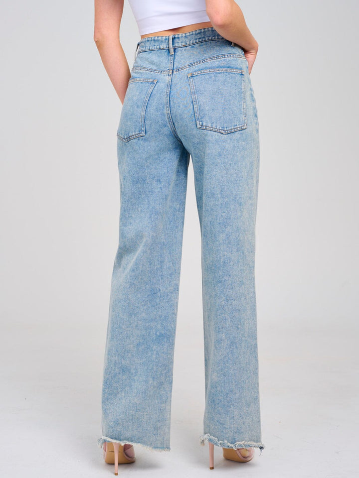 WOMEN'S BUTTON CLOSURE POCKETS WIDE RAW EDGE LEG DENIM PANTS