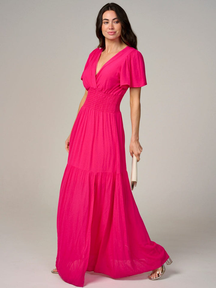 WOMEN'S SHORT SLEEVE SURPLICE SMOCK WAIST TIERED MAXI DRESS