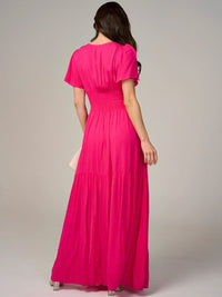 WOMEN'S SHORT SLEEVE SURPLICE SMOCK WAIST TIERED MAXI DRESS