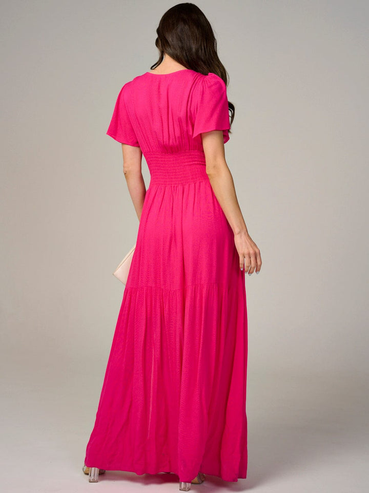 WOMEN'S SHORT SLEEVE SURPLICE SMOCK WAIST TIERED MAXI DRESS