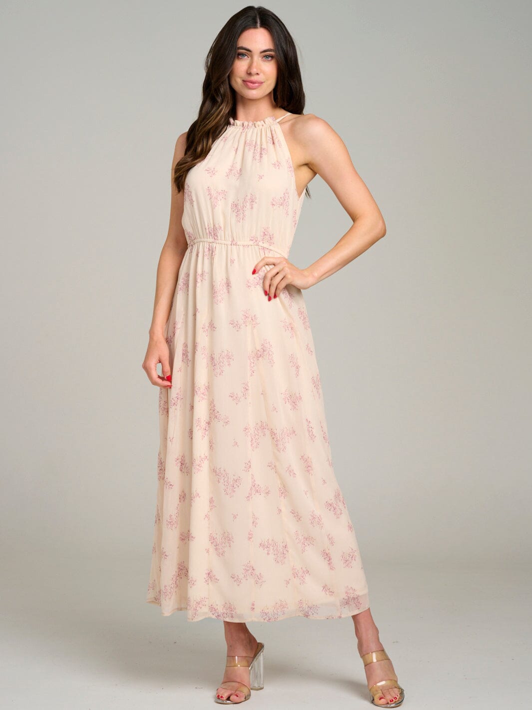 WOMEN'S SLEEVELESS HALTER NECK ELASTIC WAIST FLORAL MAXI DRESS