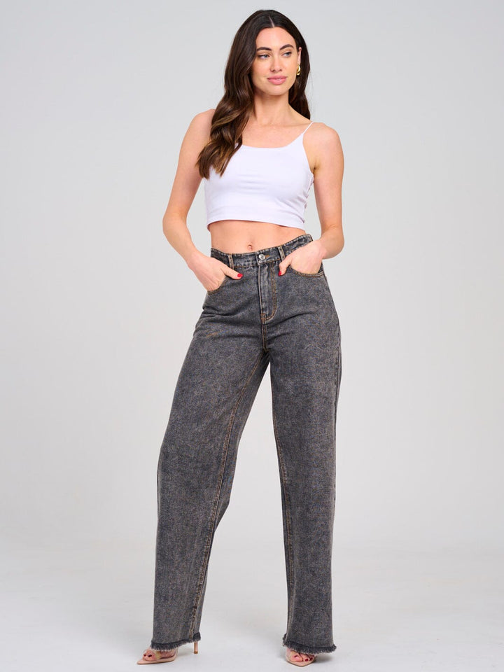 WOMEN'S BUTTON CLOSURE POCKETS WIDE RAW EDGE LEG DENIM PANTS