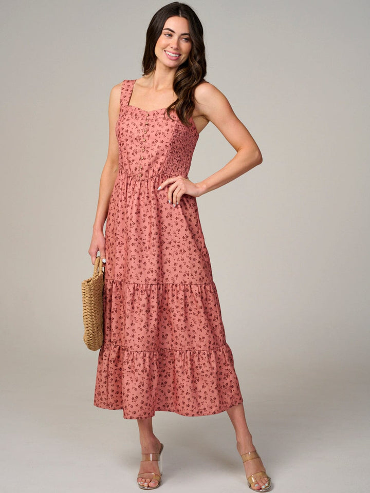 WOMEN'S SLEEVELESS BUTTON UP TIERED SMOCK FLORAL MAXI DRESS