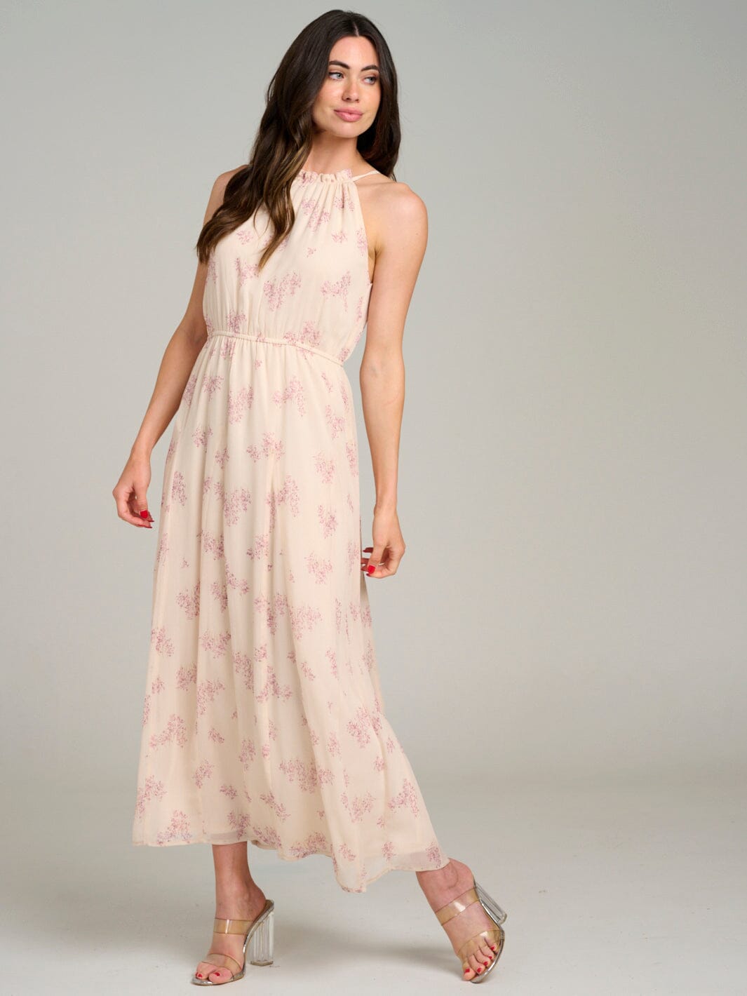 WOMEN'S SLEEVELESS HALTER NECK ELASTIC WAIST FLORAL MAXI DRESS