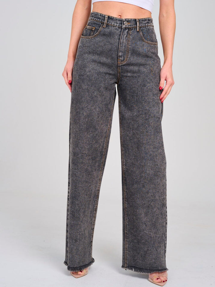 WOMEN'S BUTTON CLOSURE POCKETS WIDE RAW EDGE LEG DENIM PANTS