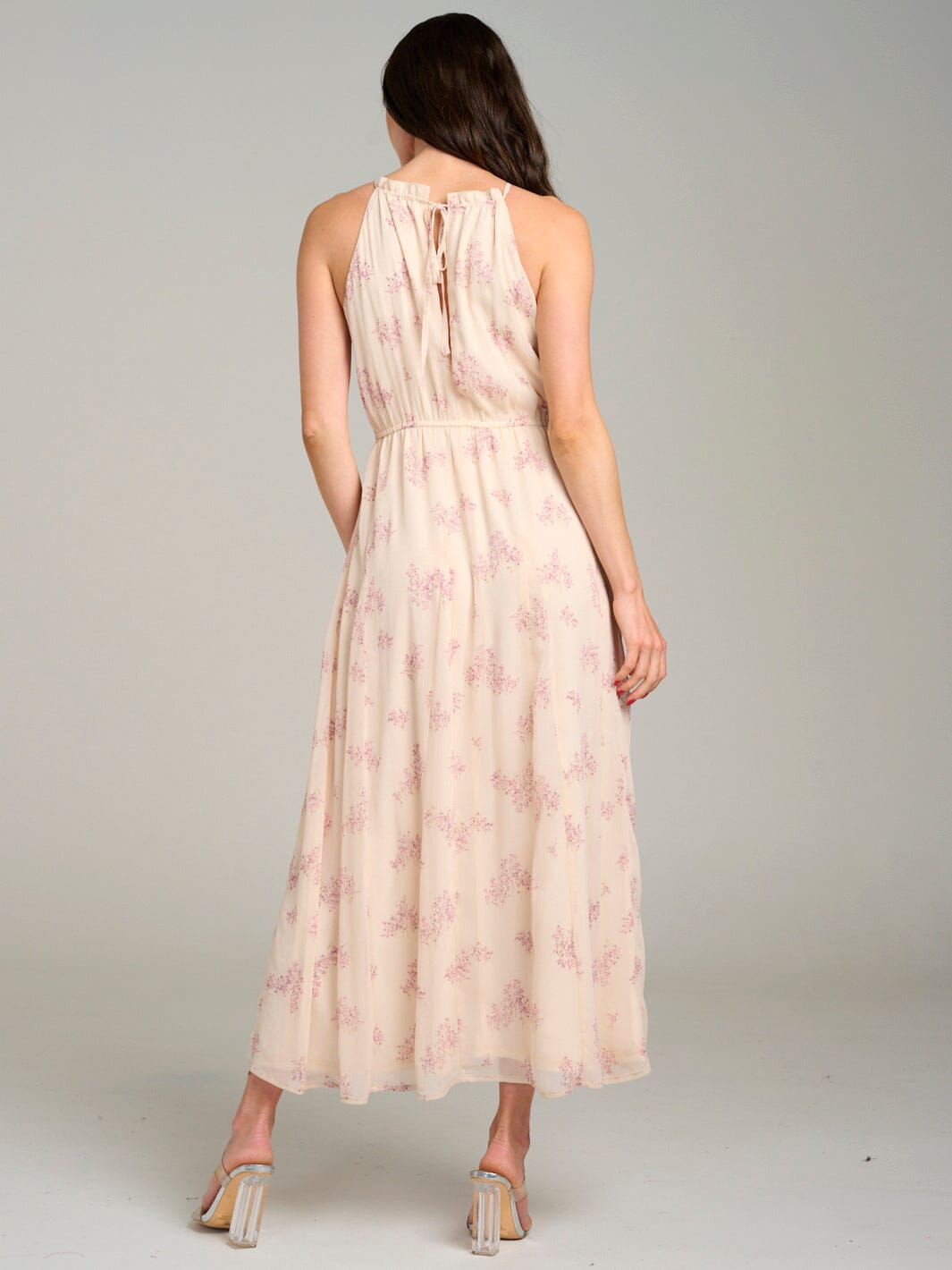 WOMEN'S SLEEVELESS HALTER NECK ELASTIC WAIST FLORAL MAXI DRESS