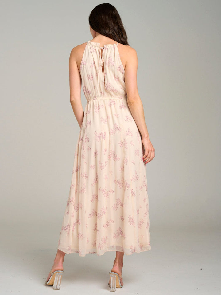 WOMEN'S SLEEVELESS HALTER NECK ELASTIC WAIST FLORAL MAXI DRESS