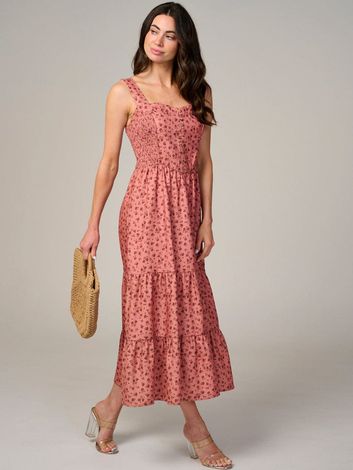 WOMEN'S SLEEVELESS BUTTON UP TIERED SMOCK FLORAL MAXI DRESS
