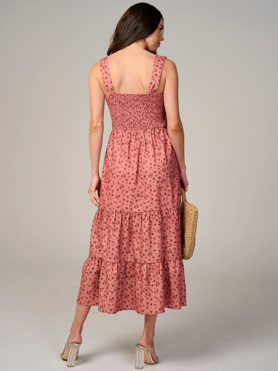 WOMEN'S SLEEVELESS BUTTON UP TIERED SMOCK FLORAL MAXI DRESS