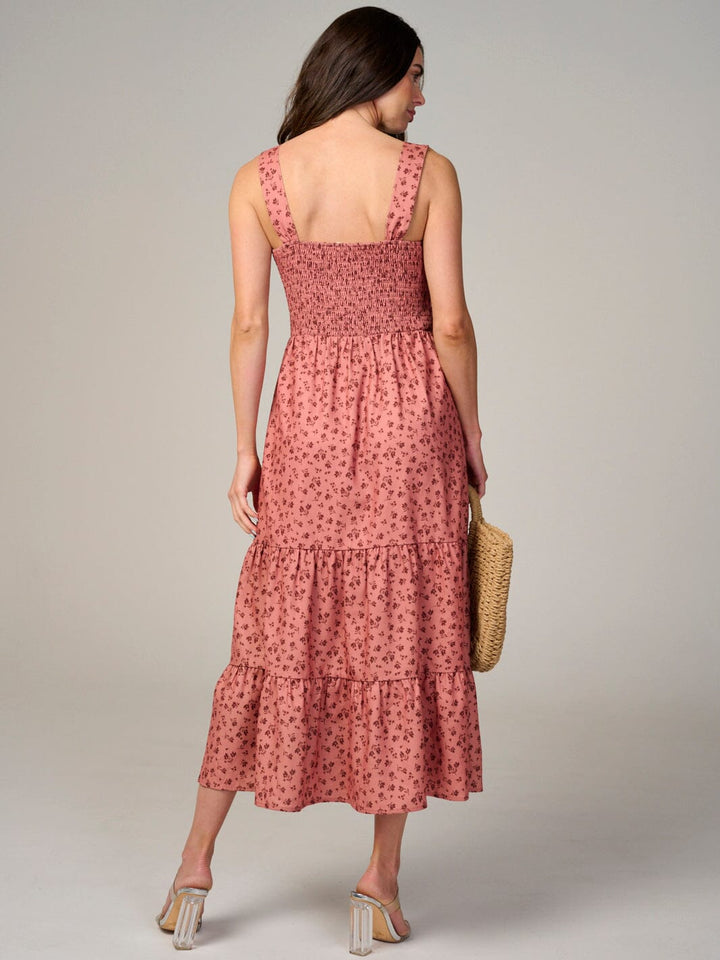 WOMEN'S SLEEVELESS BUTTON UP TIERED SMOCK FLORAL MAXI DRESS