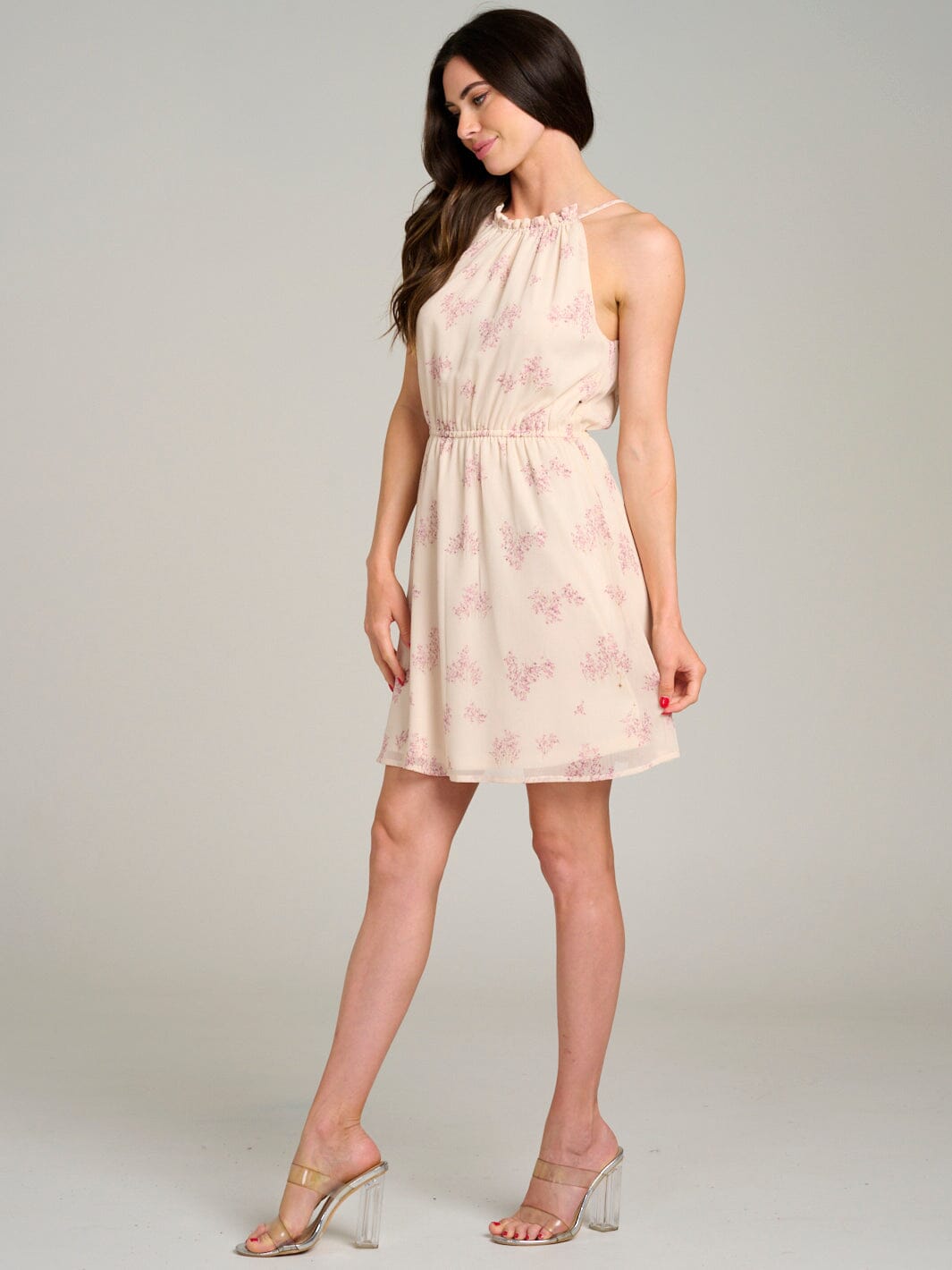 WOMEN'S SLEEVELESS HALTER NECK ELASTIC WAIST FLORAL MINI DRESS