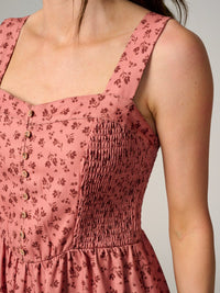 WOMEN'S SLEEVELESS BUTTON UP TIERED SMOCK FLORAL MAXI DRESS