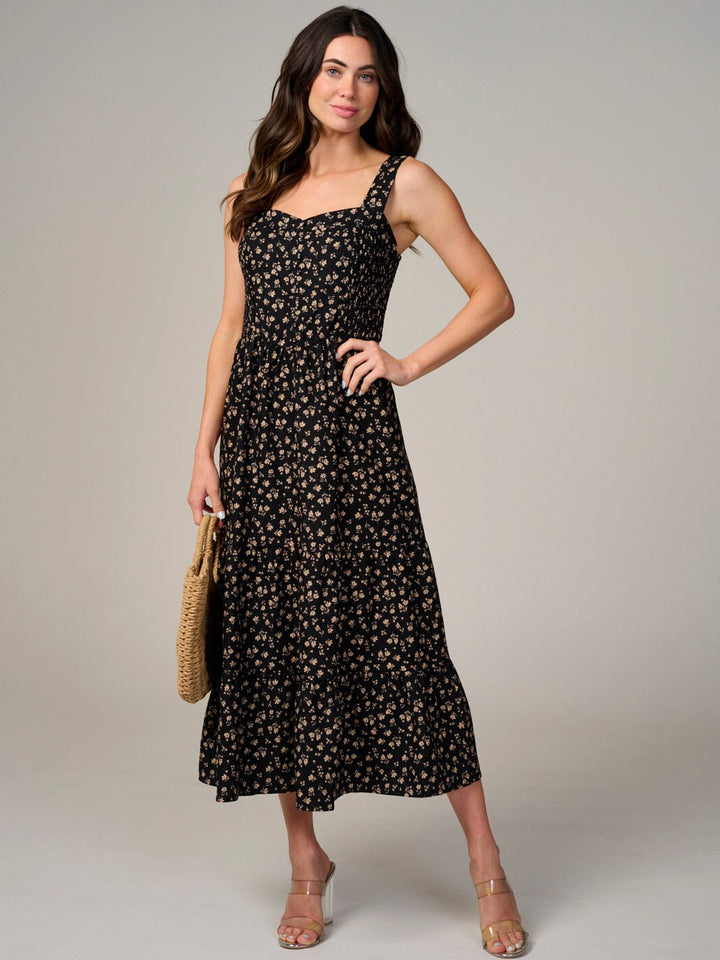 WOMEN'S SLEEVELESS BUTTON UP TIERED SMOCK FLORAL MAXI DRESS