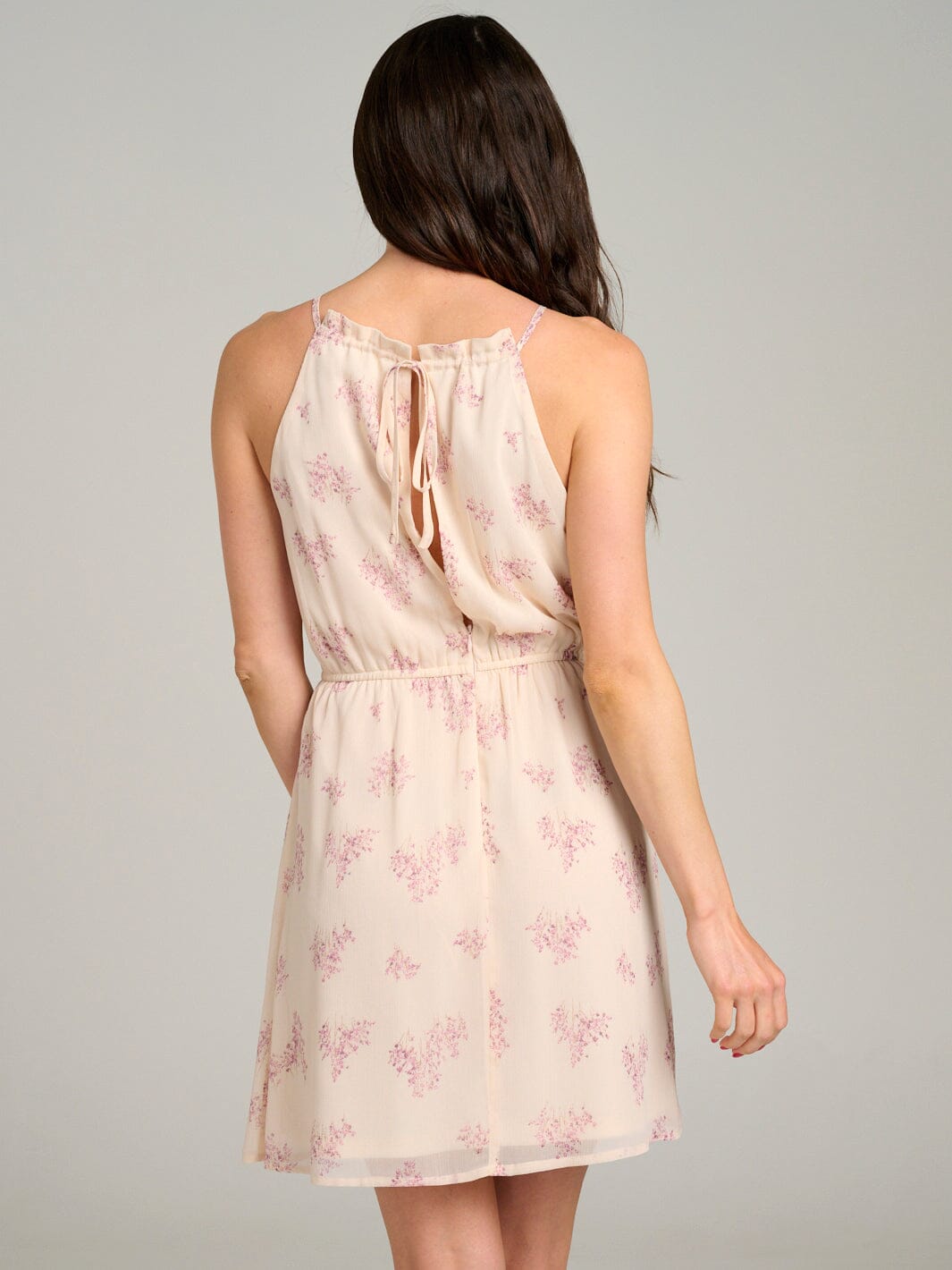 WOMEN'S SLEEVELESS HALTER NECK ELASTIC WAIST FLORAL MINI DRESS