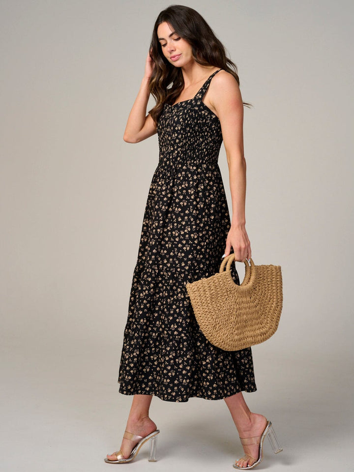 WOMEN'S SLEEVELESS BUTTON UP TIERED SMOCK FLORAL MAXI DRESS