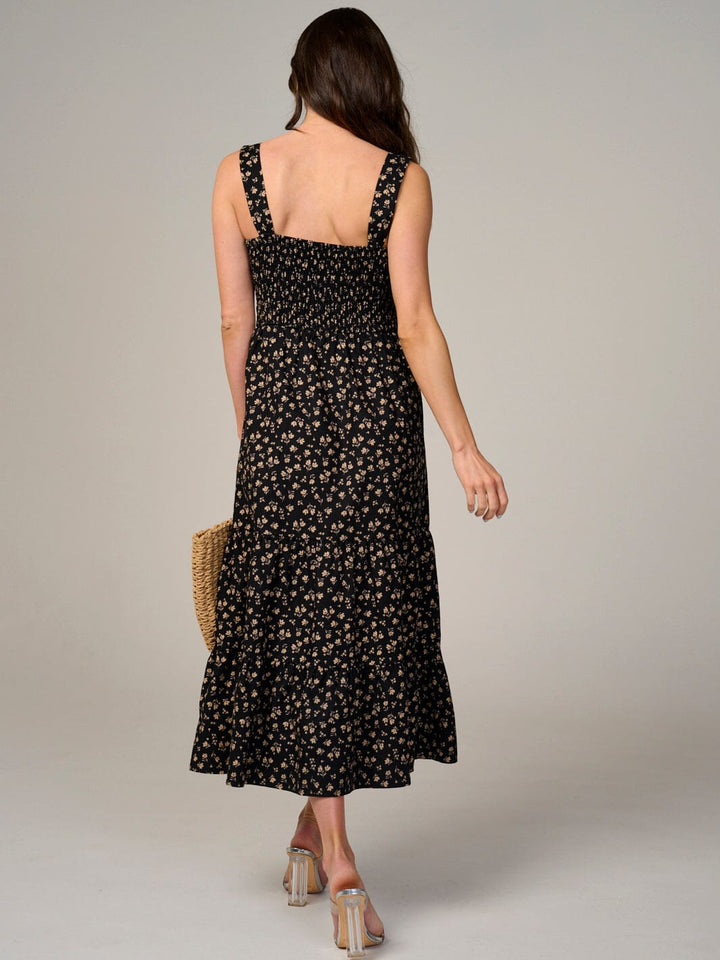 WOMEN'S SLEEVELESS BUTTON UP TIERED SMOCK FLORAL MAXI DRESS