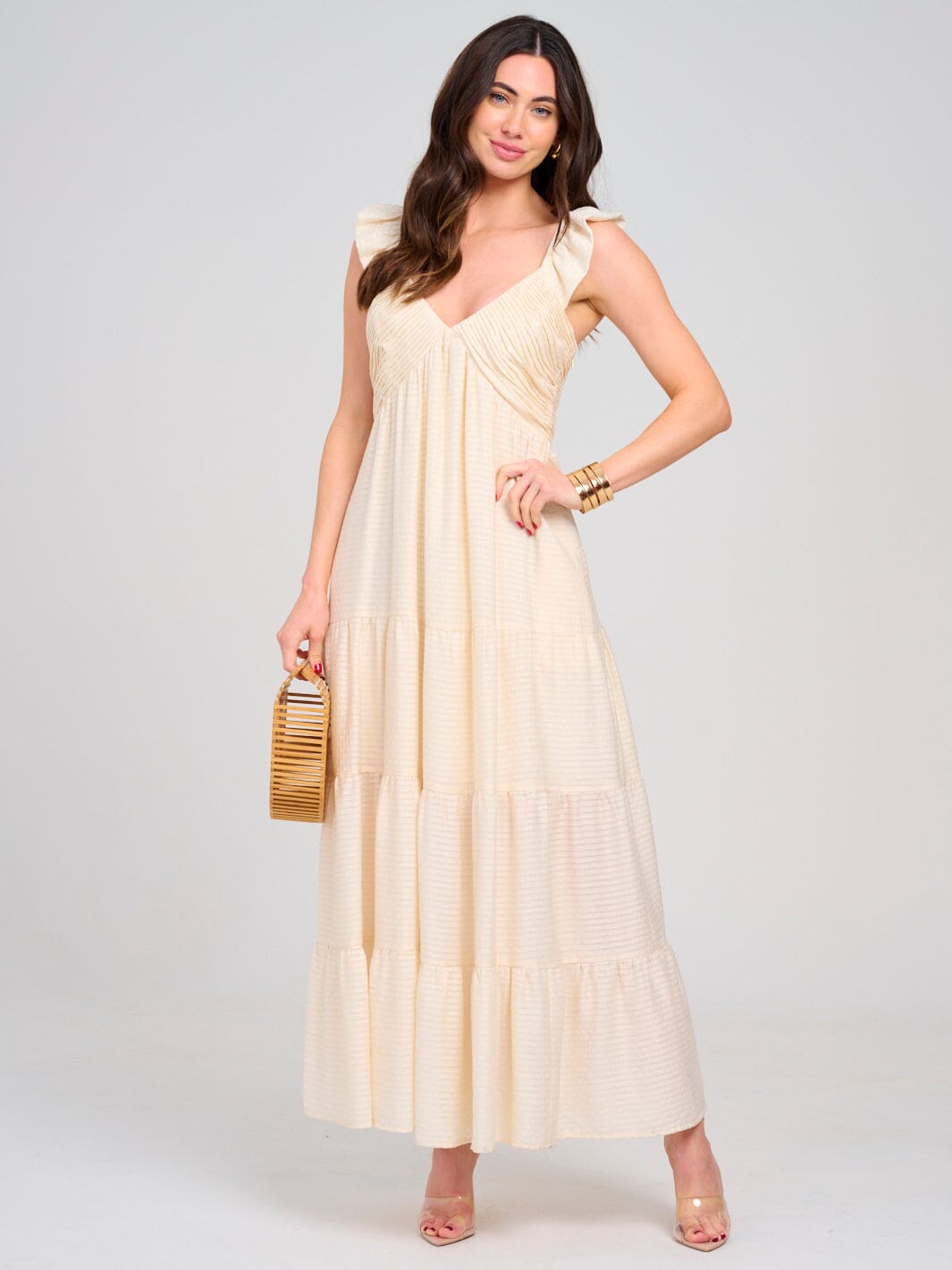 WOMEN'S SLEEVELESS V-NECK SMOCK POCKETS TIERED MAXI DRESS