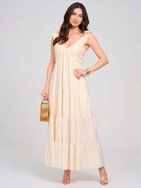 WOMEN'S SLEEVELESS V-NECK SMOCK POCKETS TIERED MAXI DRESS