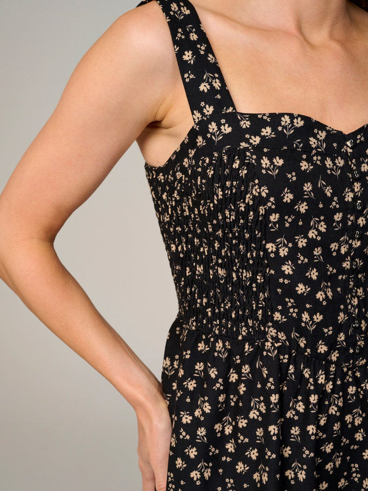 WOMEN'S SLEEVELESS BUTTON UP TIERED SMOCK FLORAL MAXI DRESS