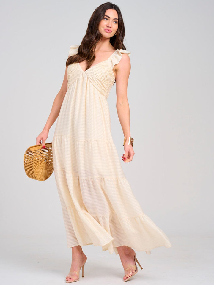 WOMEN'S SLEEVELESS V-NECK SMOCK POCKETS TIERED MAXI DRESS