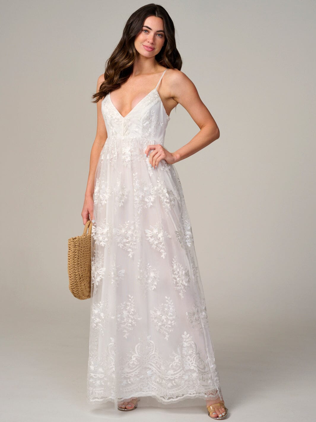 WOMEN'S SLEEVELESS V-NECK FLORAL DETAILED MAXI DRESS