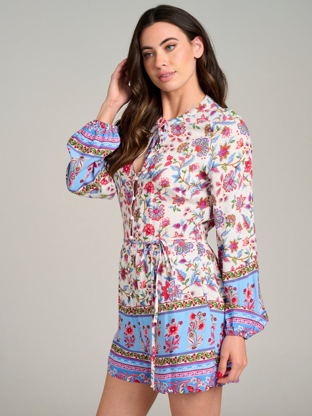 WOMEN'S LONG SLEEVE BUTTON UP FRONT POCKETS FLORAL ROMPER