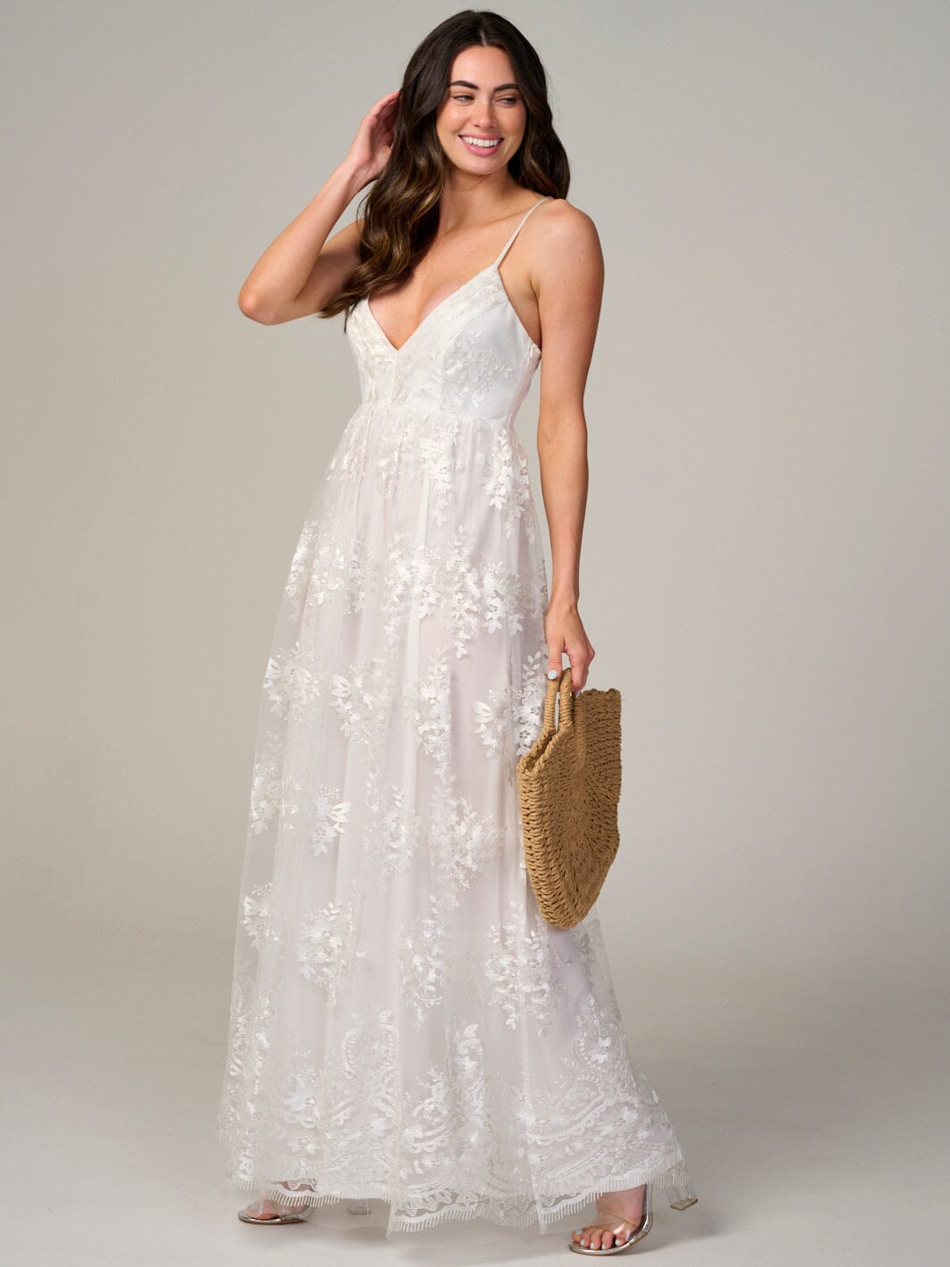 WOMEN'S SLEEVELESS V-NECK FLORAL DETAILED MAXI DRESS