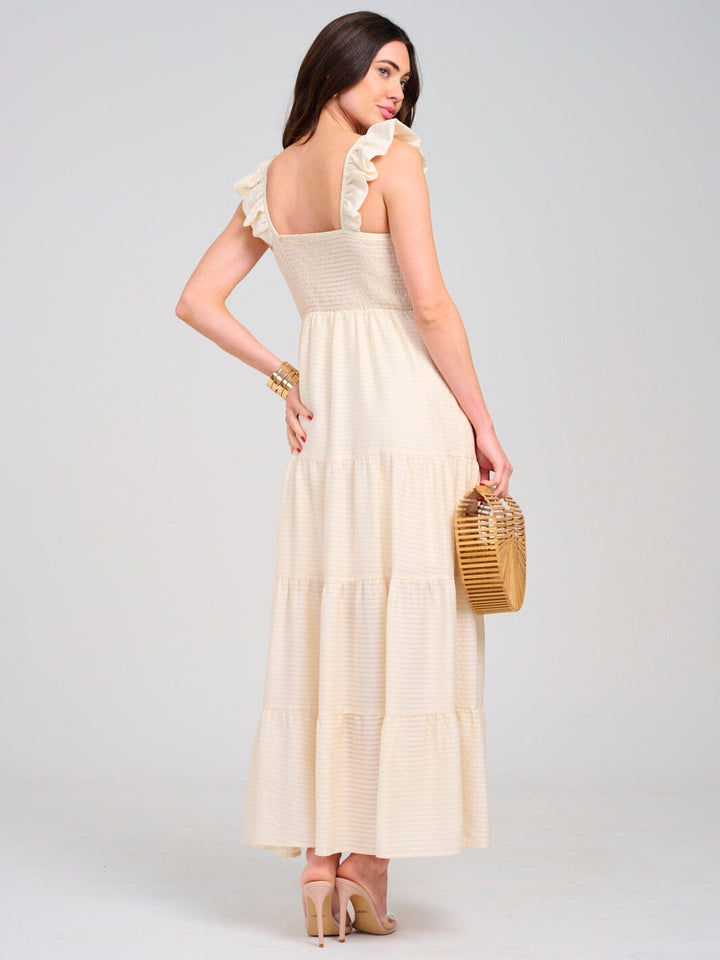 WOMEN'S SLEEVELESS V-NECK SMOCK POCKETS TIERED MAXI DRESS