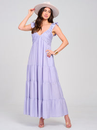 WOMEN'S SLEEVELESS V-NECK SMOCK POCKETS TIERED MAXI DRESS
