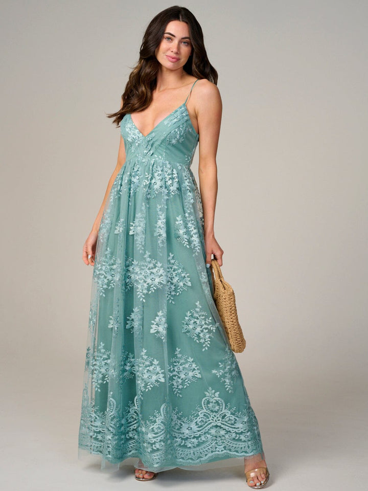 WOMEN'S SLEEVELESS V-NECK FLORAL DETAILED MAXI DRESS