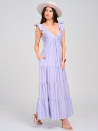 WOMEN'S SLEEVELESS V-NECK SMOCK POCKETS TIERED MAXI DRESS