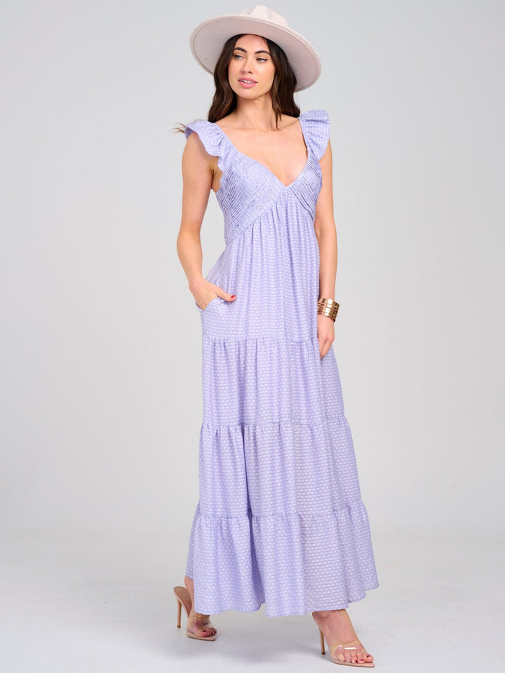 WOMEN'S SLEEVELESS V-NECK SMOCK POCKETS TIERED MAXI DRESS