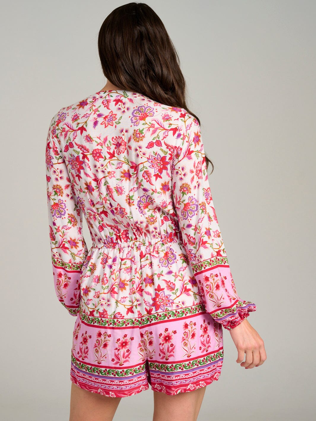 WOMEN'S LONG SLEEVE BUTTON UP FRONT POCKETS FLORAL ROMPER