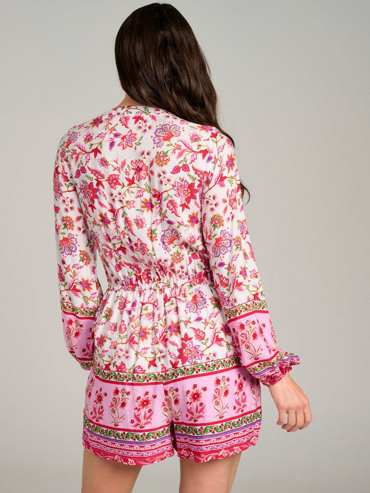 WOMEN'S LONG SLEEVE BUTTON UP FRONT POCKETS FLORAL ROMPER