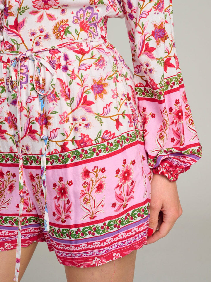 WOMEN'S LONG SLEEVE BUTTON UP FRONT POCKETS FLORAL ROMPER