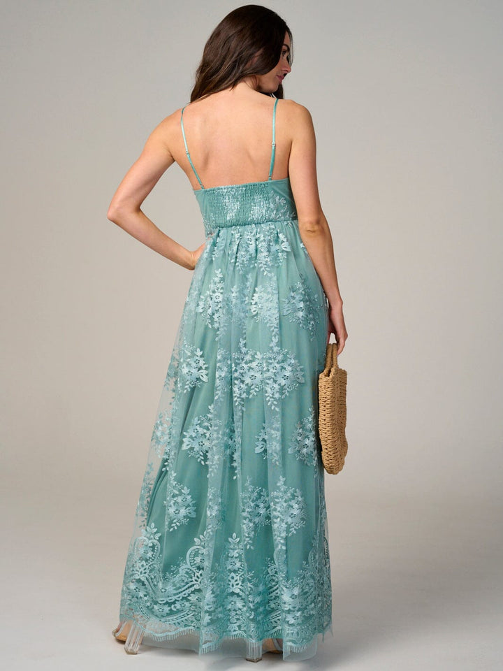 WOMEN'S SLEEVELESS V-NECK FLORAL DETAILED MAXI DRESS