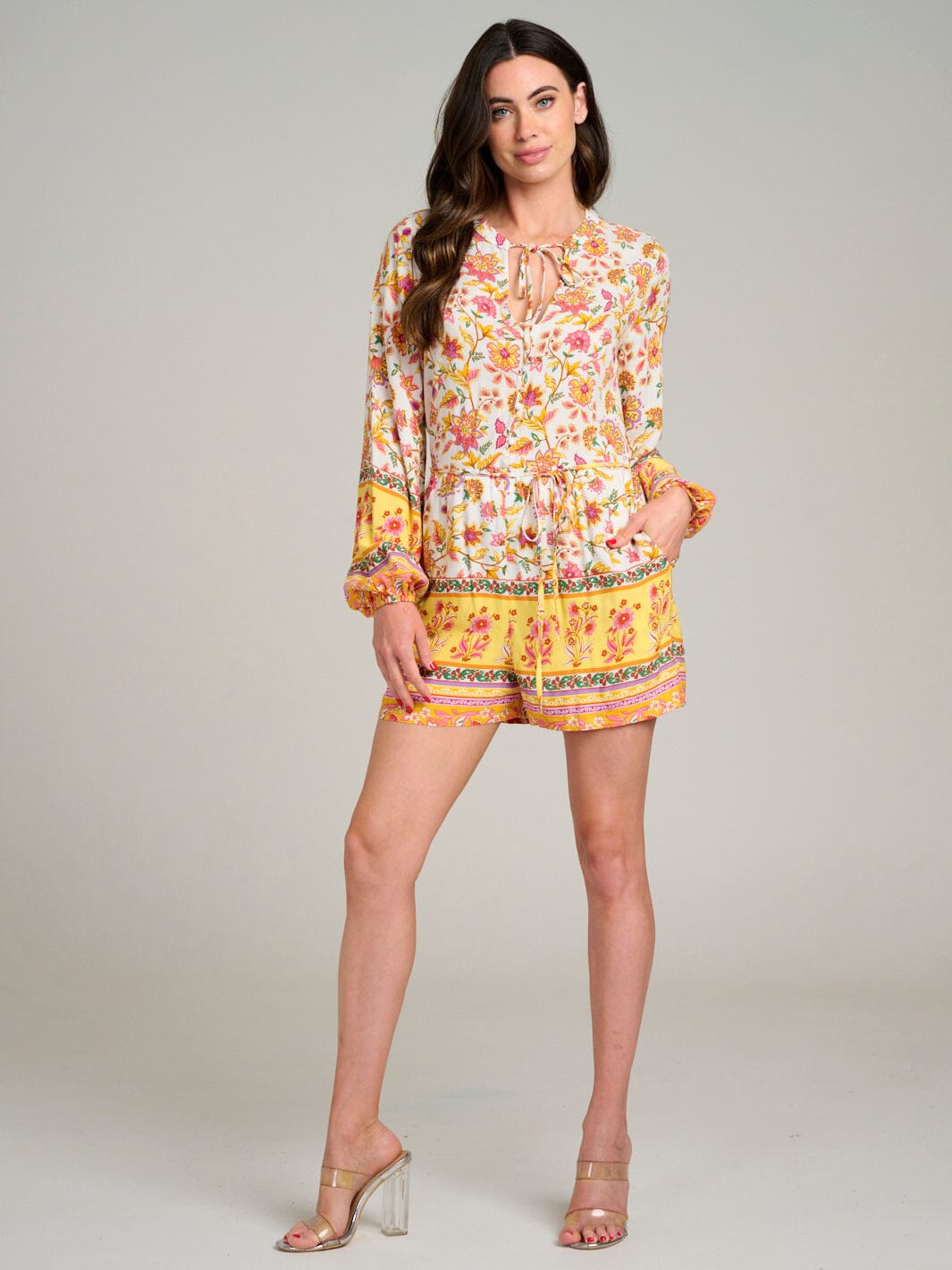 WOMEN'S LONG SLEEVE BUTTON UP FRONT POCKETS FLORAL ROMPER